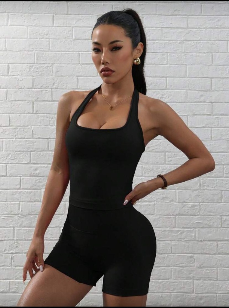 DEWBERA CONJUNTO DEPORTIVO DE TOP DE YOGA- CONJUNTO TOP Y SHORT NEGRO 