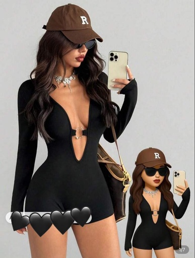 MONO DE MUJER AITY STUDIO CASUAL- ENTERIZO NEGRO MANGA LARGA CON ARO PLATEADO 